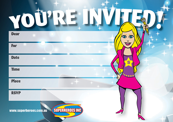 Image of music and dance kids free downloadable party invitation from Superheroes