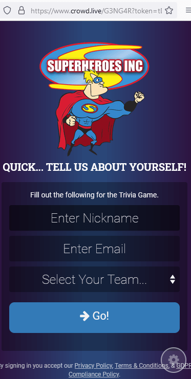 Online Trivia Event Login Screen - Superheroes Inc
